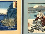 two framed prints of a woman sitting on a rock by a body of water