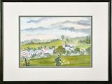 framed watercolor painting of a rural landscape with houses and trees