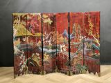 paravent oriental à quatre panneaux, orné de motifs d'oiseaux et de fleurs peints