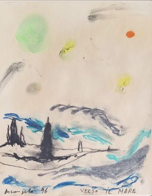 dessin représentant un bateau en pleine mer, avec le ciel en arrière-plan