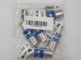 a bag of silver and blue hoses on a white surface