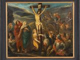 an oil painting of jesus on the cross surrounded by other people