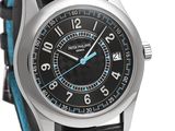 a close up of a wrist watch with a black dial and blue hands