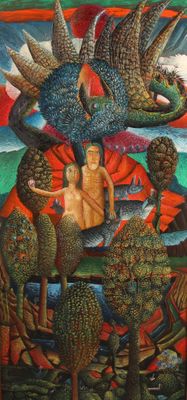 a painting of a man and a woman on a boat