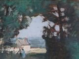painting of a woman walking down a path with a dog