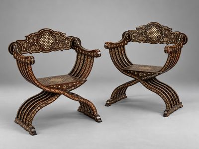 paire de chaises en bois sculpté dont les pieds sont ornés de cannes
