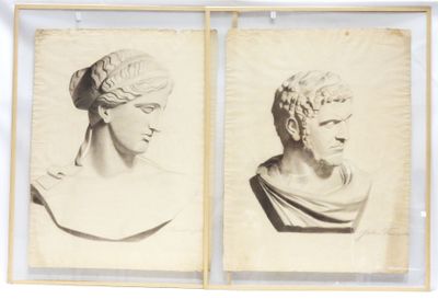 two drawings of busts of a man and a woman, one of which is wearing a turban