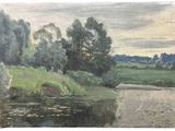 l'image d'une peinture représentant une rivière avec des arbres en arrière-plan