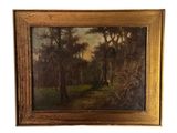une peinture à l'huile représentant un paysage boisé avec des arbres et une personne au loin