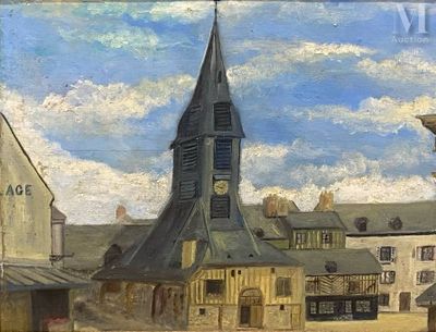 un tableau représentant un bâtiment surmonté d'une tour horloge