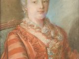 un tableau représentant une femme en robe rouge assise sur une chaise