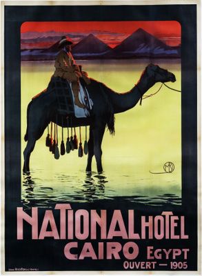 an old poster of a man riding a camel in the water