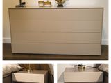 two pictures of a bedroom with a bed and a dresser