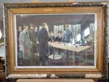 a painting of a group of men standing around a table