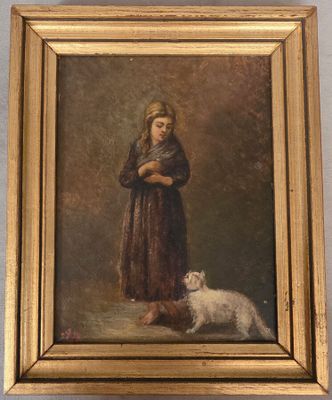 tableau représentant une fillette et un chien, dans un cadre doré accroché au mur