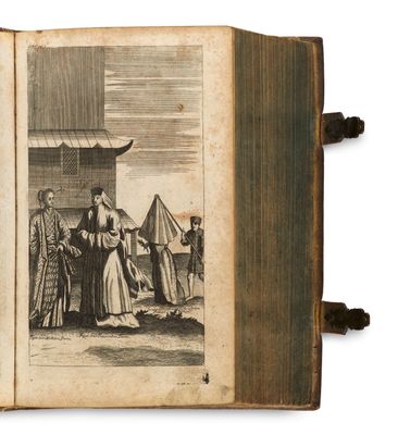 an old book with a drawing of people standing in front of a boat