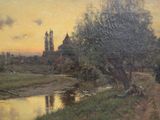 un tableau représentant une vue sur une rivière avec une église en arrière-plan