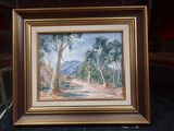 un tableau représentant un paysage avec des arbres et une montagne en arrière-plan