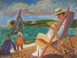 a painting of a woman sitting in a chair on the beach