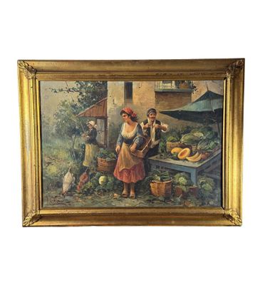 une peinture à l'huile représentant une femme vendant des légumes devant un immeuble