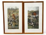 two framed prints of a hunting scene with dogs and horses