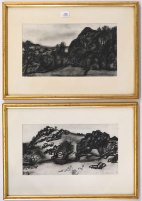 two black and white drawings of trees and mountains in a gold frame