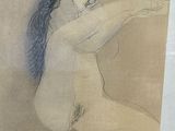 dessin représentant une femme nue assise à genoux, les bras tendus