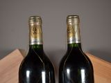 two bottles of wine sitting on top of a wooden box