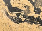 drawing of a black and white picture of a boat on a body of water