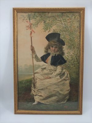 un vieux tableau représentant une jeune fille tenant une fleur à la main