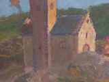 an oil painting of a church on a hill with trees in the background