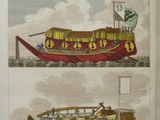 an old book with a drawing of a boat and a boat on the water