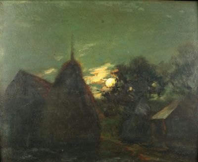 une image représentant un tableau illustrant une scène de vie à la ferme, avec une pleine lune dans le ciel