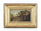 peinture à l'huile d'une scène de village avec une voiture à cheval