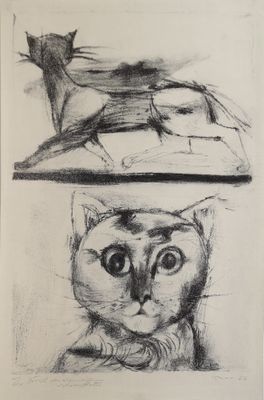 deux dessins représentant un chat et un autre chat assis l'un sur l'autre