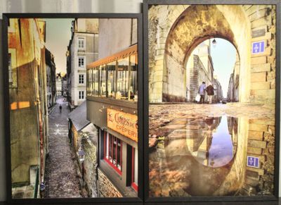 trois photos d'une rue avec des bâtiments en arrière-plan