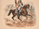 a drawing of a man riding a horse in a field