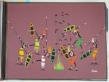 a painting of a group of people with spears and paddles