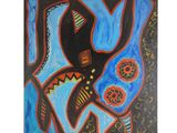 a painting of a bird and a fish on a black background