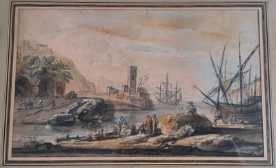 painting of a painting of a harbor scene with ships in the water