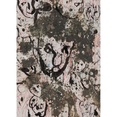 an abstract painting with black and white paint on a white background