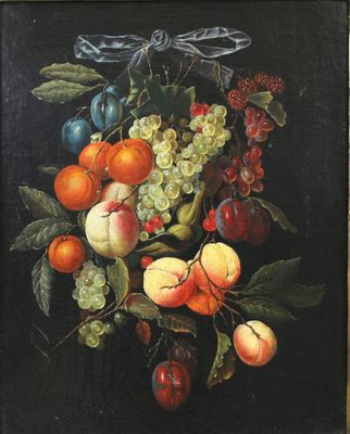 painting of a bunch of fruit on a black background with a bow