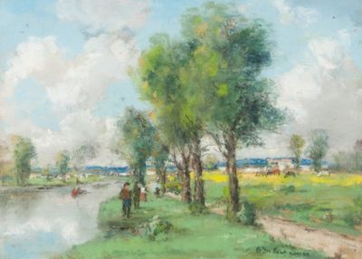 a painting of a man and a woman walking by a river
