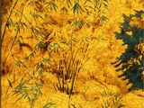 an image of a painting of bamboo trees on a yellow background