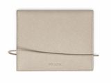 a beige leather wallet with a small strap on the front
