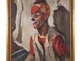 une peinture à l'huile représentant un homme portant des lunettes et une chemise rouge