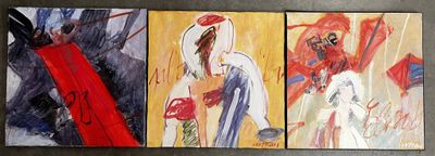trois tableaux représentant une femme avec un parapluie rouge et un homme avec un parapluie rouge