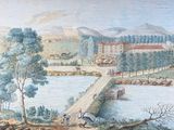 un tableau représentant une vue d'une ville avec un pont enjambant une rivière