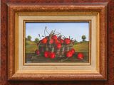 an oil painting of cherries in a basket on a table