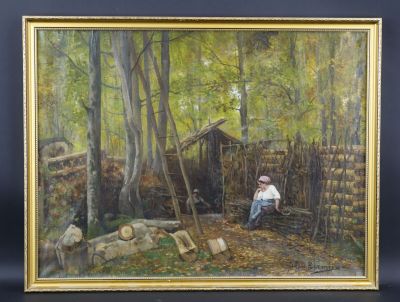 une peinture à l'huile représentant un homme assis sur un banc dans les bois
